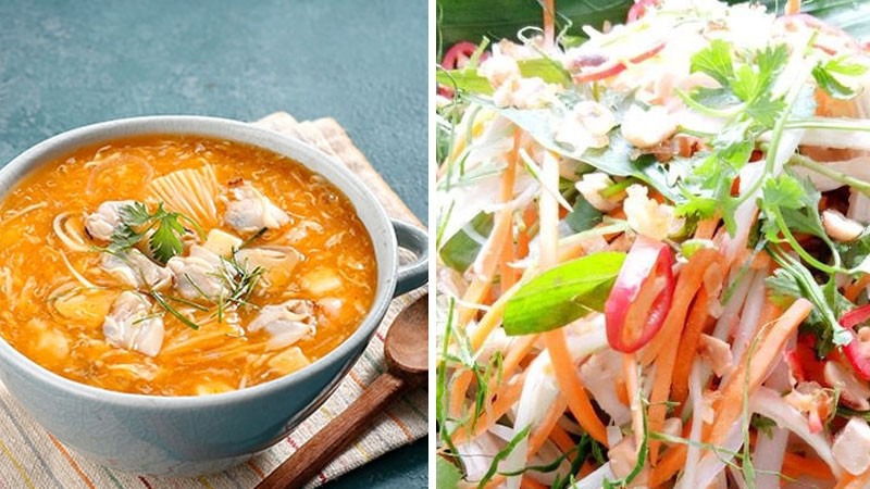 Súp hải sản, nộm gà xé phay