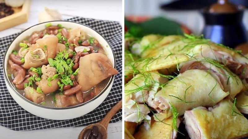Giò heo hầm đậu, gà hấp lá chanh